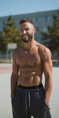 Obraz premium Young caucasian male smiling outdoors in athletic wear on sunny day