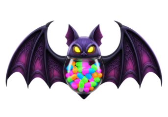 Isolated 3D Illustration: Whimsical Halloween Bat Candy Jar with Glowing Eyes and Vibrant Colorful Candies. Spooky Cute Dessert Container for Kids' Parties and Trick or Treat.