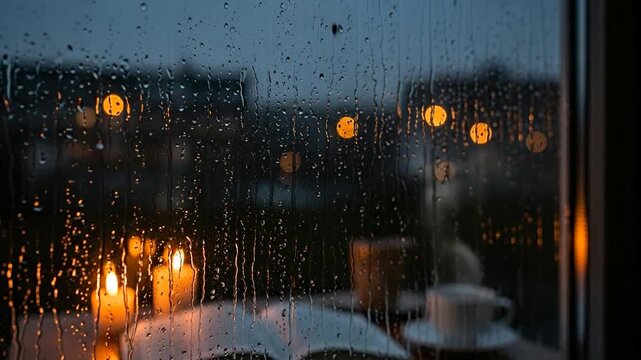 Night rain on window with candles, books, coffee; relaxing ASMR soundscape