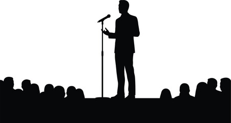 Silhouette of speaker at microphone with audience speech, speaker, speech, presentation, microphone, stage, audience, crowd, silhouette, black and white, isolated, white background, standing, talking,