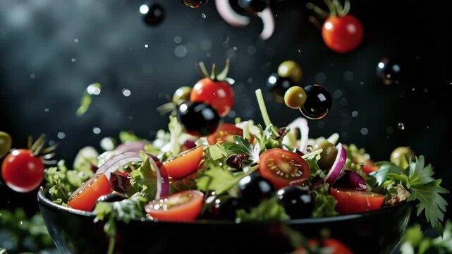 Fresh salad with tomatoes, olives, and red onion in a black bowl.