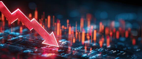 A red arrow pointing downwards, symbolizing a decline. Neon lights create a blurred background effect