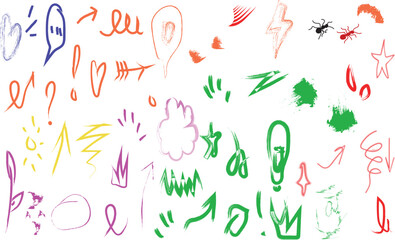Vibrant assortment of unique hand-drawn doodle elements, expressive scribbles, arrows, and diverse graphic accents, perfect for creative design projects and digital art