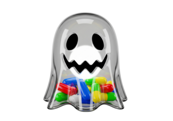 Ghostly Medicine: Transparent Phantom Container Filled with Colorful Capsules, Representing Health, Addiction, or Spooky Pharmacy Concepts
