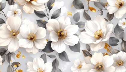 Obraz premium Elegant White Flowers with Gold Accents and Gray Leaves on Light Background