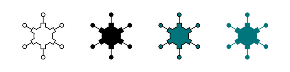 Network node icon in outline, solid, and color styles. Symbol of internet, data connection, communication, and technology. Isolated on white background.