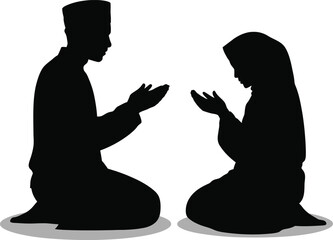 Silhouettes of Praying Muslim Couple - Black and White