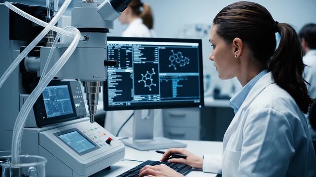 A scientist in a lab operates a microscope while viewing data on multiple monitors. The scientist focuses on screens displaying complex data and runs simulations on the monitors. - Powered by Adobe