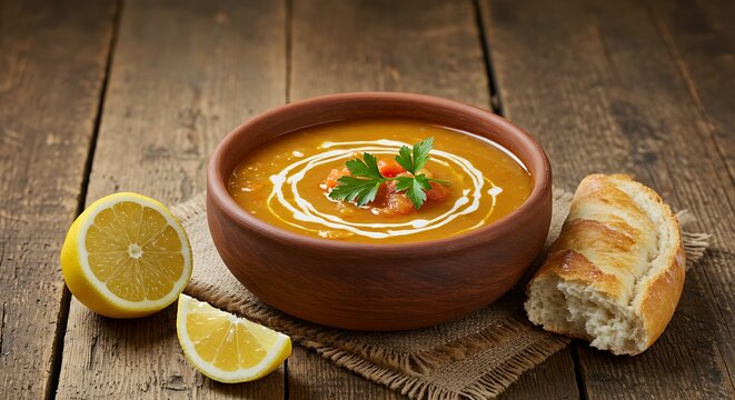 A Rustic Bowl of Creamy Homemade Pumpkin Soup Garnished with Fresh Parsley and a Swirl of Cream, Accompanied by Slices of Bright Lemon and a Crusty Baguette on a Weathered Wooden Table - Powered by Adobe