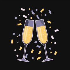 Two Champagne Glasses Clinking With Confetti On Black Background Keywords: champagne, glasses