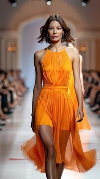 Models showcase elegant orange dresses on a bright runway during a fashion show. Vertical video.