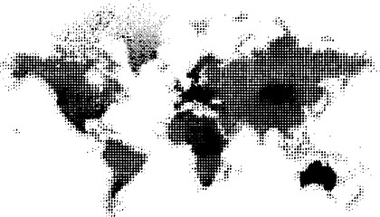 Abstract world map created with small black dots on a white transparent background. World map, dotted style, flat design illustration, modern, isolated on white background. 