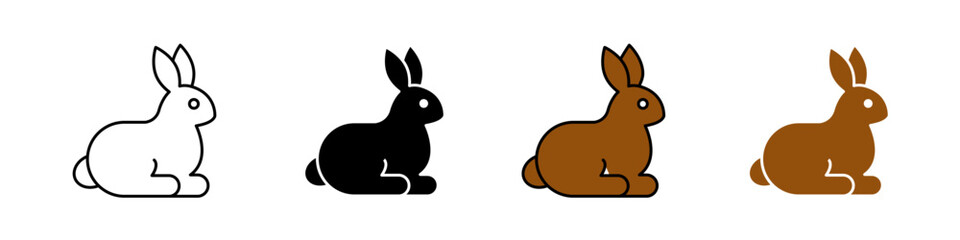 Rabbit icon in outline, solid, and color styles. Symbol of animal, pet, Easter, wildlife, and nature themes. Isolated on white background.