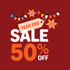 Year End Sale 50 Percent Off With Christmas Lights And Stars discount promotion