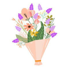 Stylized Floral Bouquet Illustration Featuring Purple Orange And Yellow Blossom