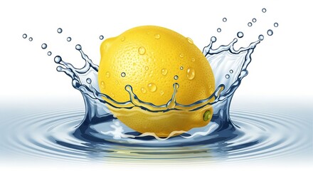 Fresh lemon splashing into clear water creating dynamic ripples and droplets