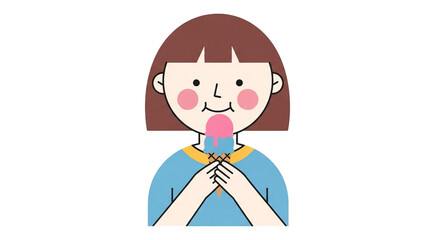 Obraz premium A cheerful cartoon girl enjoys a pink ice cream cone, expressing delight with a sweet treat, perfect for illustrating childhood joy and summertime fun against a clean white background.