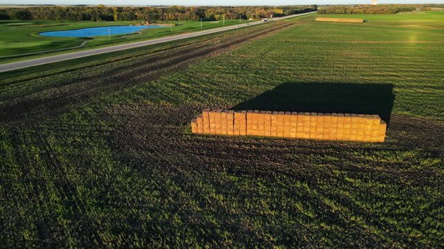 A stack of hay stacked in the field at harvest corp season