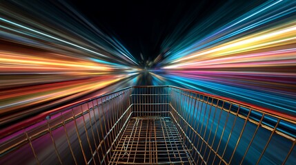 Speeding shopping cart blurs motion; bright color streaks