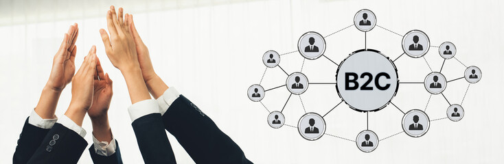 Hands reach upwards representing collaboration in B2C interactions, illustrating modern business...