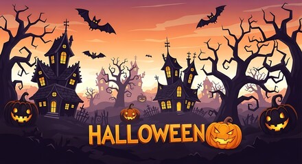 Spooky Halloween Scene: Haunted Houses, Pumpkins, Bats, and Trees.
