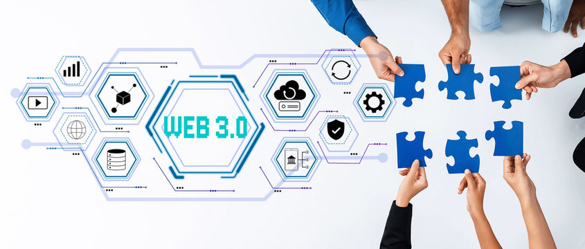 Hands join together to assemble blue puzzle pieces, symbolizing collaboration in Web 3.0. Digital icons depict technology themes, highlighting innovation and connectivity. Trope