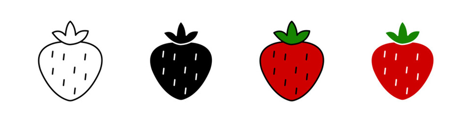 Strawberry icon in outline, solid, and color styles. Represents fruit, freshness, healthy food, and summer themes. Isolated on white background.