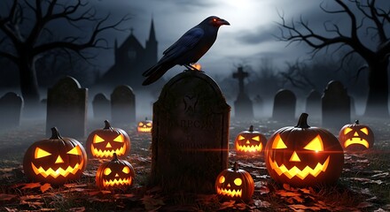Spooky Halloween Scene: Raven, Pumpkins, Graveyard, Night Sky.