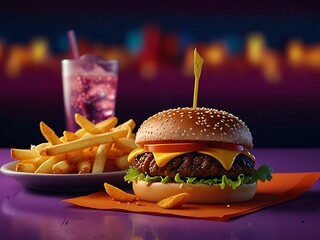 hamburger and french fries with a glass of juice in the back