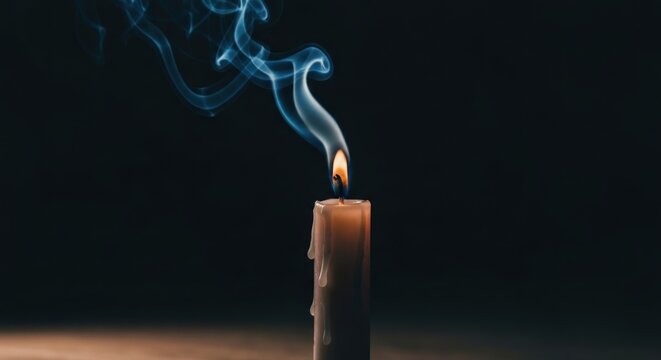 Burning candle with wax drips and rising smoke against a dark background