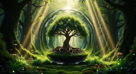 Fototapeta premium Magical enchanted forest glade with glowing orb and ancient tree