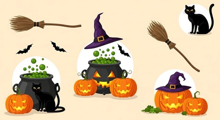 Spooky Halloween Scene with Black Cats, Pumpkins, and Witches' Brew