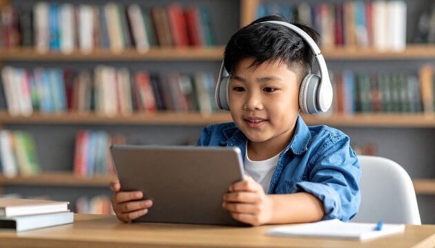 Child wearing headphones using tablet at desk in library—surrounded by books, focused on digital learning in a modern academic setting.
