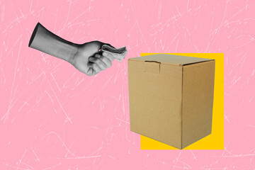 A contemporary art collage on the theme of online shopping. Making a purchase through Marketplace.