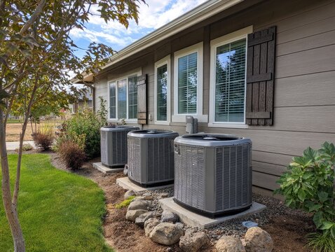 Three air conditioning units outside a house with windows, shutters, and a green lawn