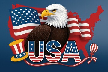 Patriotic USA Illustration with Bald Eagle, American Flag, United States Map and Uncle Sam Hat in Red White Blue Colors Symbolizing Freedom and Democracy Generative AI