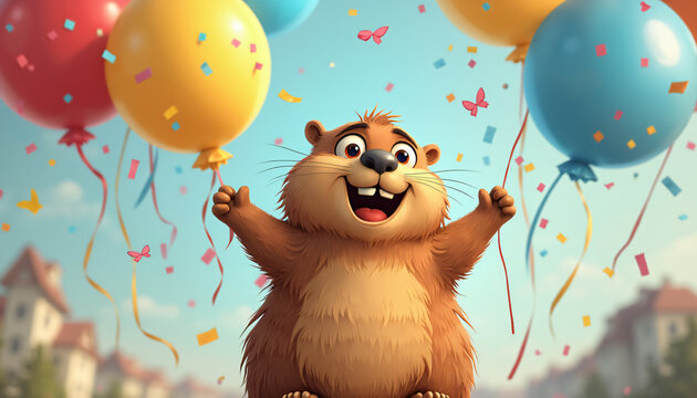 Cartoon groundhog with balloons and confetti