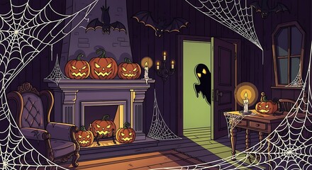 Spooky Halloween Scene with Pumpkins, Bats, and Ghost.