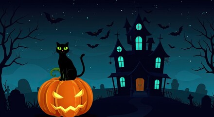 Fototapeta premium A Spooky Halloween Night: Black Cat on a Pumpkin with Haunted House and Bats in a Vector Illustration