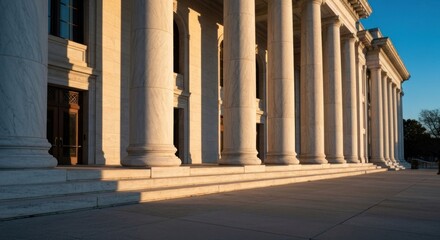 Obraz premium Columns bathed in golden light at a neoclassical building's facade