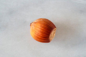 Close-up of hazelnuts in their shells on white marble