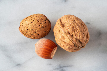 Close-up of almonds, walnuts and hazelnuts with their shells on white marble