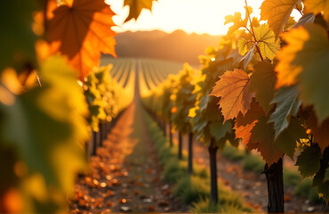 autumn background featuring vineyard bokeh style golden sunlight filtering
