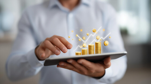 Close-up of hands holding a tablet with floating 3D financial icons such as coins, graphs, and currency symbols, representing digital finance, online banking, wealth management, and investment - Powered by Adobe