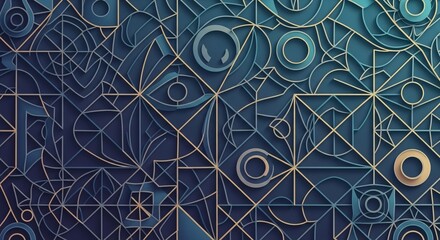 Intricate geometric pattern with art deco influences in deep blue and gold.