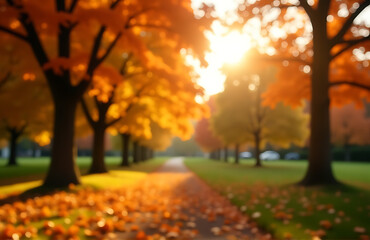 autumn background featuring park bokeh style golden sunlight filtering