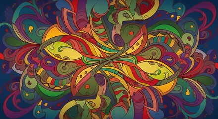 Vibrant psychedelic pattern with swirling colorful organic shapes and symmetrical design