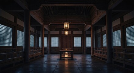 Dark, ornate hall with hanging lanterns & table, lattice windows & wooden beams