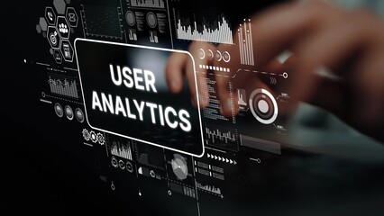 Detailed View of User Analytics Interface with Hands on Keyboard and Data Visualization Elements. Asymptotic smart data analytic.