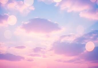 Soft pink and blue sky with fluffy clouds and bokeh lights